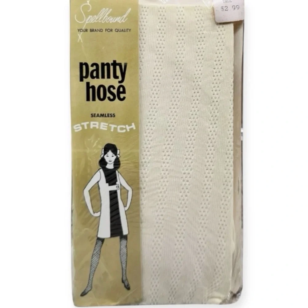 1960’s Mod Textured Pantyhose in‎ Cream, Vintage Net Stockings Tights, Deadstock